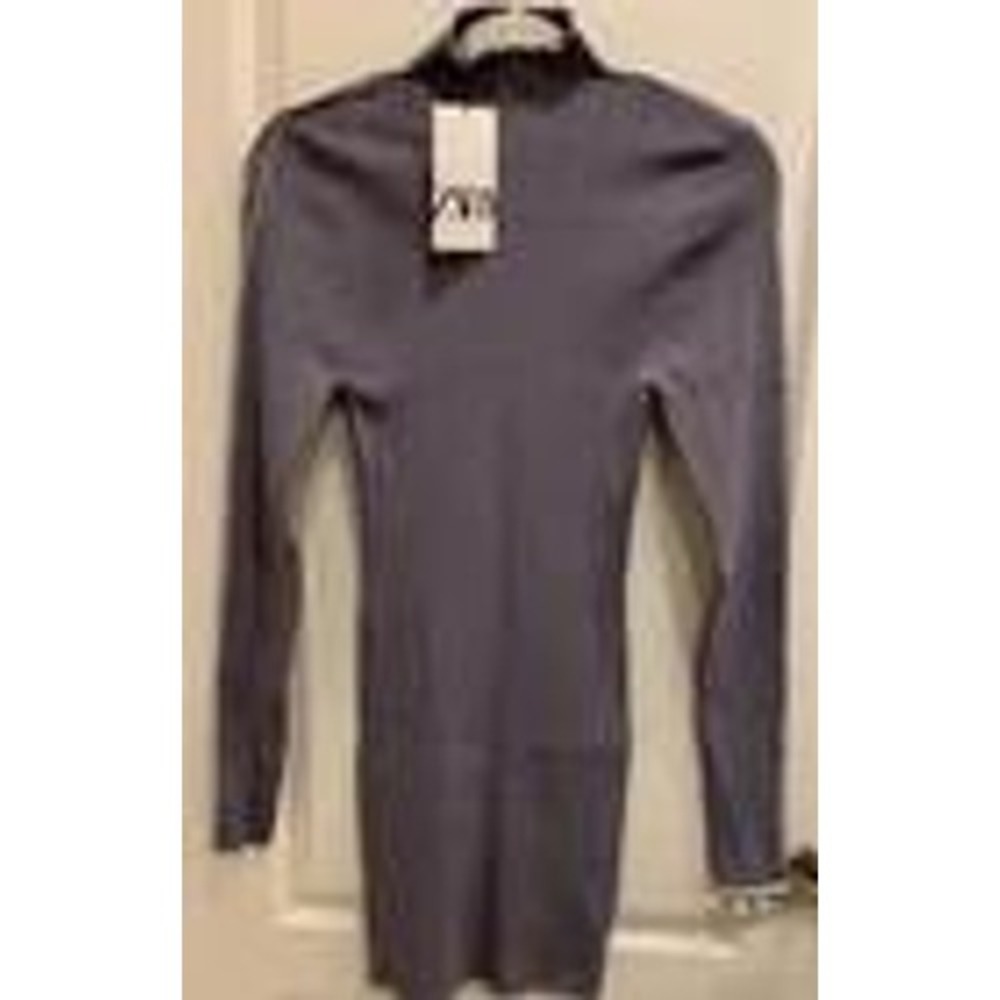 Zara Ribbed Knit Mini Dress Bodycon Mock Neck Long Sleeve‎ Gray/Purple Size L
